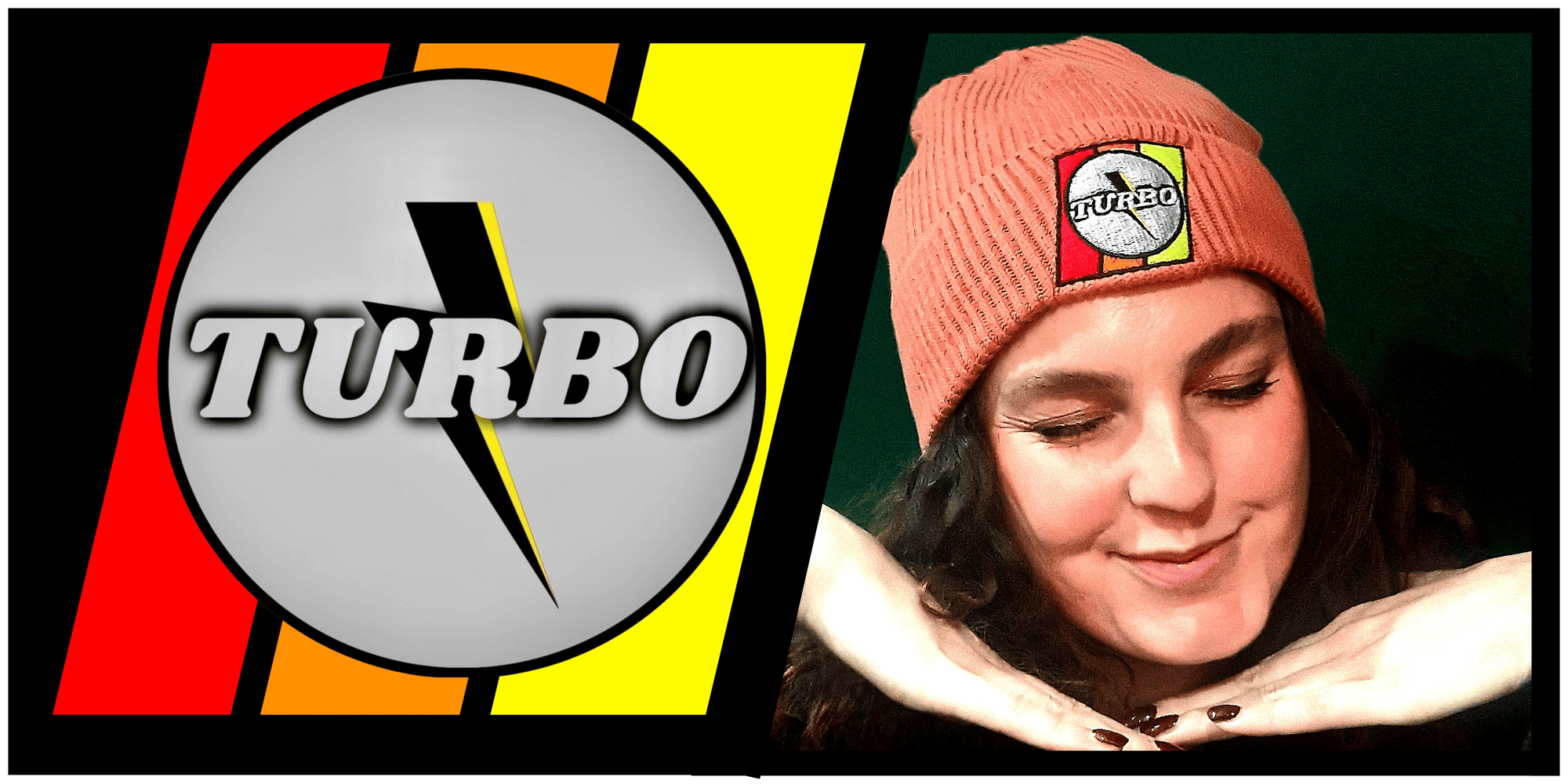 Turbo logo on the left with a person wearing a beanie with a Turbo logo on the right.